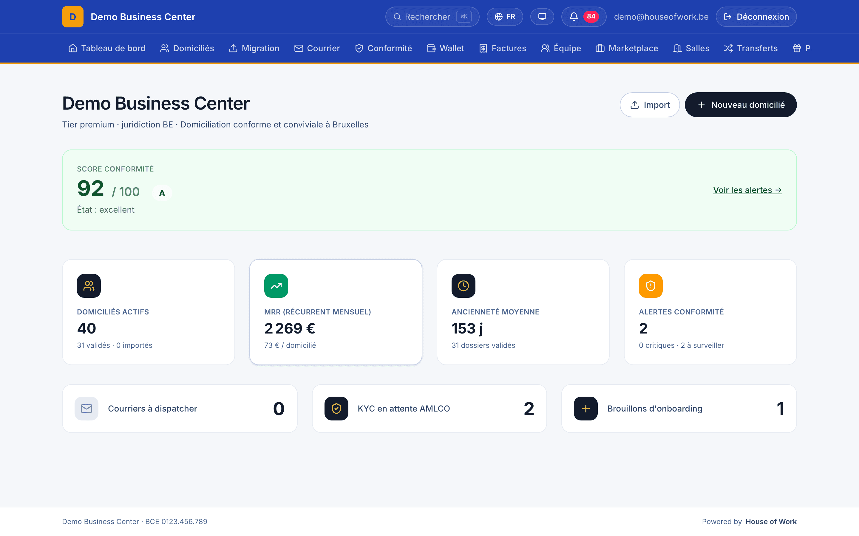 Tableau de bord House of Work avec score conformité, KPIs domiciliés, MRR, ancienneté moyenne et alertes